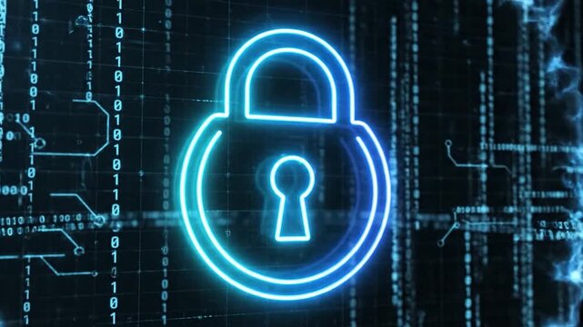 A glowing neon padlock superimposed over a dark digital background with binary code