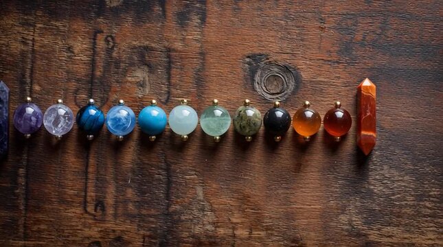 Seven glowing chakra symbols aligned vertically on dark background, radiant energy colors, balanced composition. Spiritual concept illustration without people, clean and symbolic.
