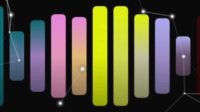 Vibrant multicolored bar graph with interconnected nodes on sleek black background for modern data visualization and statistical analysis purposes