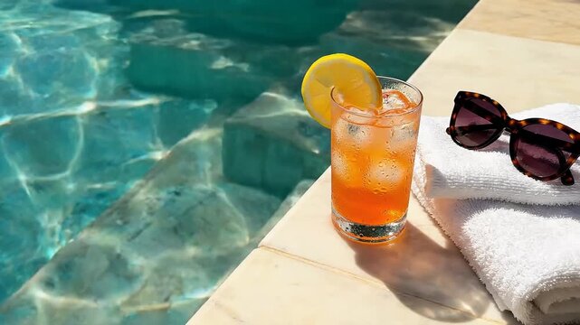 Refreshing orange cocktail with lemon and ice by the pool with sunglasses and towel