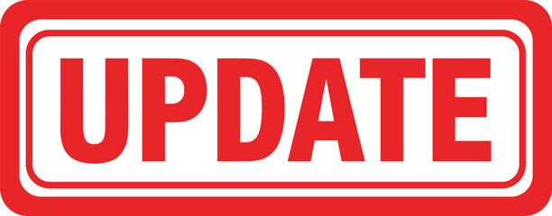 Update red rubber stamp label design, information notice and system upgrade concept typography, rectangular bold mark isolated on white background
