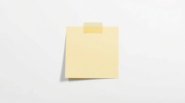 Minimalist yellow sticky note with slightly curled edges on a clean white background, accompanied by soft natural shadow and transparent tape at the top center.