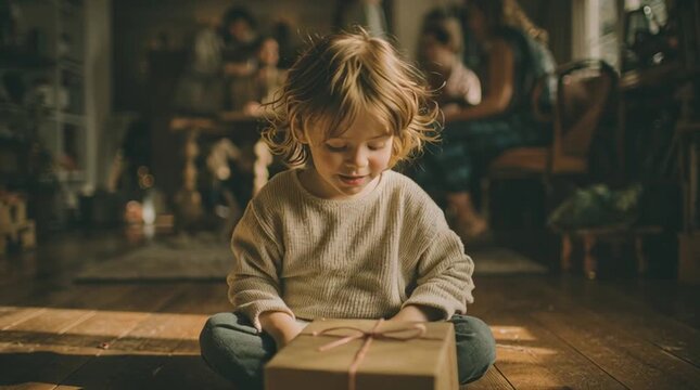 Child sitting on floor playing with a simple gift while adults talk softly nearby. Authentic family connection, real emotions, unposed holiday moment in natural home setting.

