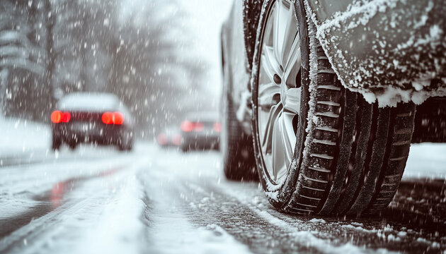 Silver car drives on frozen snowy icy road surface. Rear wheel spins, losing grip, spraying slush, water. Poor visibility, cars in blurred traffic