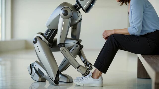 Smart ai robot assistant helping adult woman tie shoelaces indoors while she sits and smiles. Concept of human robot care, daily assistance, and supportive future technology