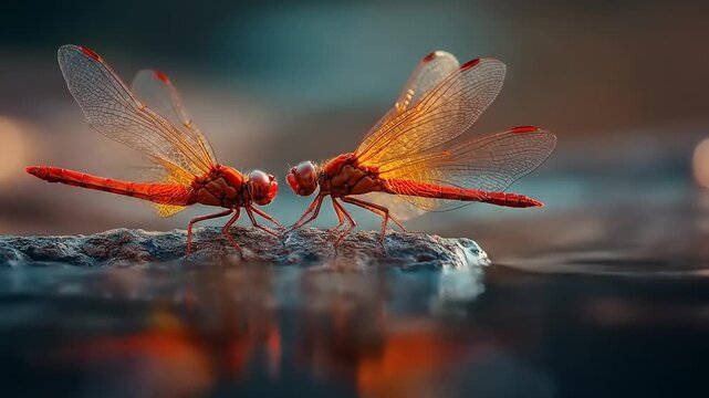 Two dragonflies resting on a rock near water with a blurred background
