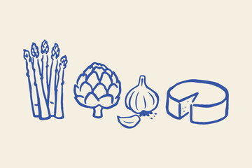 Asparagus artichoke garlic cheese doodle vector illustration