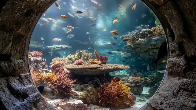 Underwater aquarium scene featuring colorful fish and coral reef