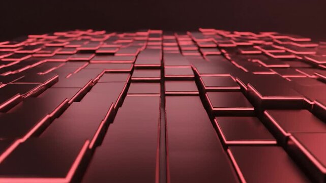 Dark red glowing cube arrangement, with neon lines, perspective view, in a black background