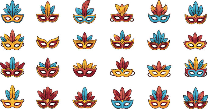Set of colorful masquerade carnival masks with feathers, festive costume accessories for party celebrations, festivals, holidays, and event decoration, vector illustrations