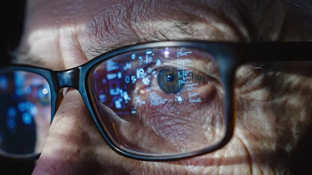 Close up of older person wearing glasses reflecting data. Focus on the eye and data