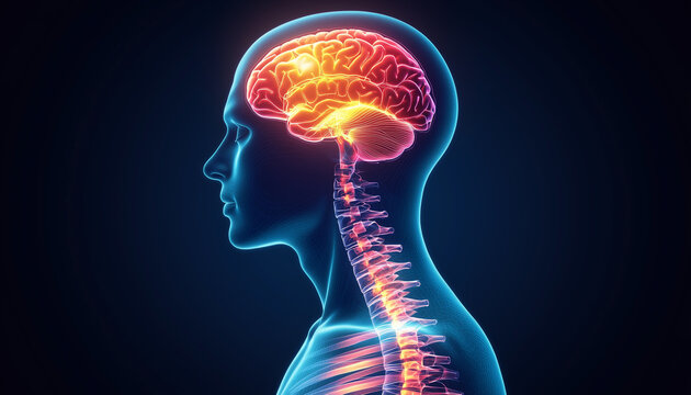 Human brain and nervous system glowing with light, showing neural network activity. Medical illustration depicts central nervous system health and possible pain