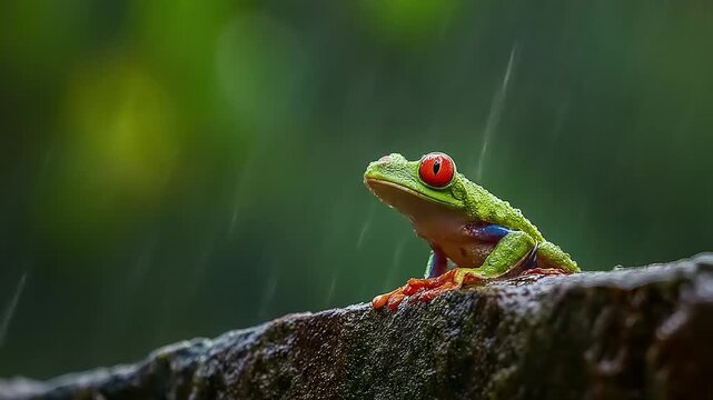 Vibrant red eyed frog resting in rainfall on stone surface