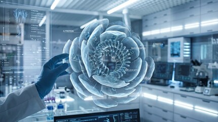Innovative biotechnology research laboratory 3d visualization clean environment close-up perspective molecular development