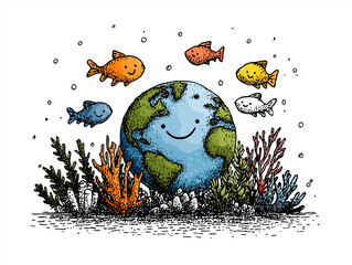 Earth's Oceanic Embrace: A whimsical depiction of our planet surrounded by vibrant marine life, conveying a message of environmental harmony and protection for future generations.