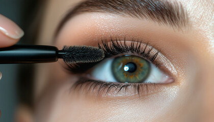 Naklejka premium Woman applies black mascara to her long lashes. Closeup eye with defined eyebrows and green iris. Beauty routine focus on makeup application