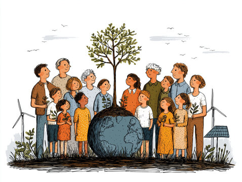 A United Vision: Community stands together, eyes fixed on a thriving tree rooted in a globe, embodying hope for the environment.