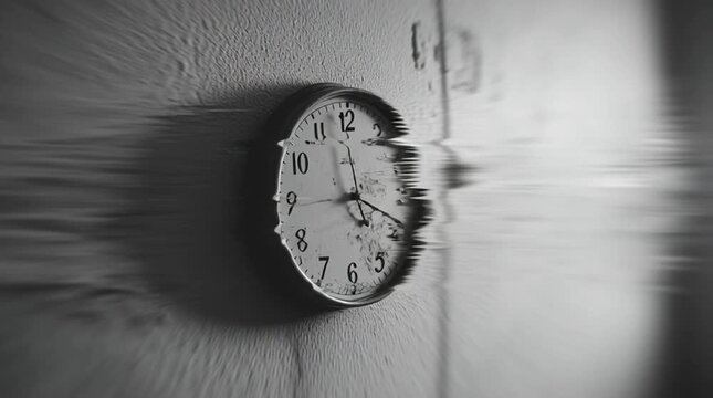 Clock subtly melting into the wall, blurred numbers and distorted form. Surreal concept image symbolizing time distortion, memory loss, pressure, and altered perception.
