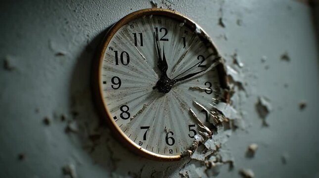 Clock subtly melting into the wall, blurred numbers and distorted form. Surreal concept image symbolizing time distortion, memory loss, pressure, and altered perception.
