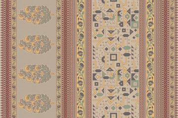 Vibrant textile pattern with floral and geometric designs