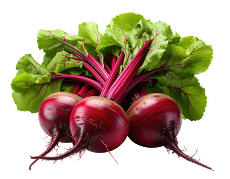 Close-up of three beets with vibrant red roots and green leaves