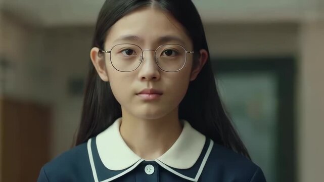 Close-up of the front of a female student wearing glasses