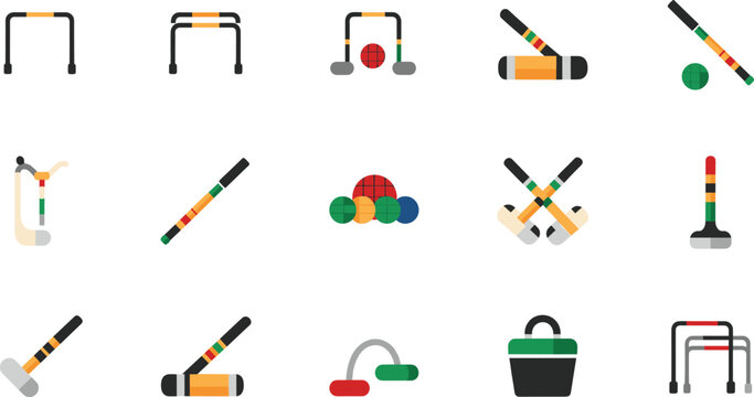 Set of croquet game equipment icons including mallets, balls, wickets, hoops, and goals, flat cartoon vector illustrations for outdoor lawn sports