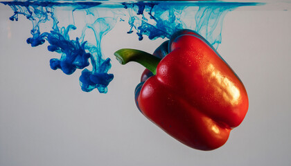 Vibrant red bell pepper submerged in water with swirling blue ink