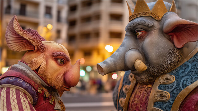 Fallas Winter Festival, Anthropomorphic Animal Fallas Sculptures Facing Each Other During Winter Festival Display in Valencia, Spain