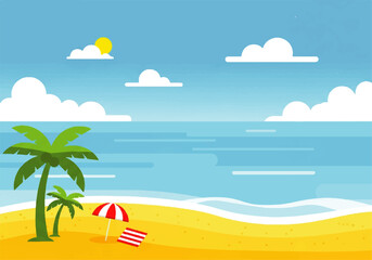 Obraz premium A serene Vector Flat Design Ilustration of a beach scene with palm trees, a red and white umbrella, and a sun shining in a blue sky with fluffy clouds.
