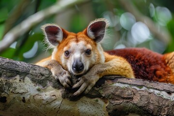 Fototapeta premium Matschie's tree kangaroo relaxing on a branch in a vibrant green forest, showcasing its unique golden and reddish brown fur