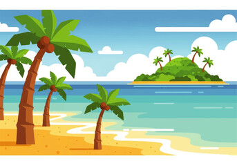 Obraz premium A serene Vector Flat Design Ilustration of a tropical beach with palm trees, a small island, and a clear blue sky with fluffy white clouds.