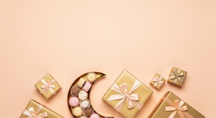 Soft peach background with gold gifts and chocolate bonbons on a crescent shaped dish ramadan kareem islamic eid mubarak background download 2026 2027