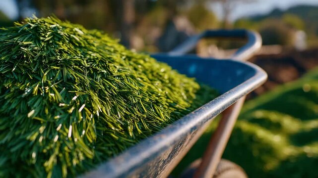 175Close-up of a wheelbarrow filled with freshly cut green grass, blades spilling slightly over the edges, sunlight highlighting moisture on the grass, textured metal frame of the whe