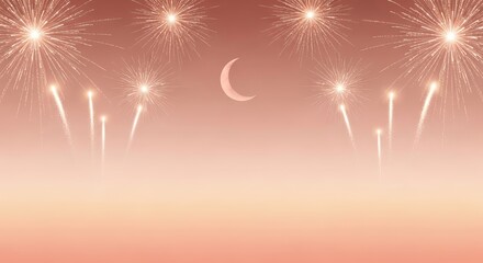 Soft peach gradient with fireworks and crescent moon ramadan kareem islamic eid mubarak background download 2026 2027