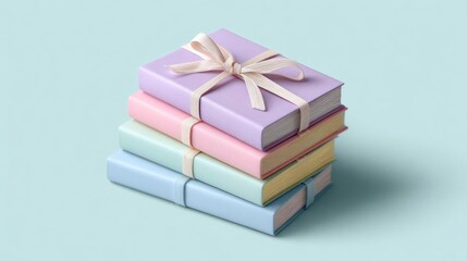 Fototapeta premium Vibrant pastel books, beautifully stacked and tied with soft ribbons, invite a sense of playfulness and charm, making them ideal for any reading lover's collection or gift