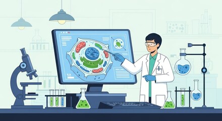 Scientist in lab coat examining cell structure on computer screen, with microscope and test tubes in a science research setting, illustration.