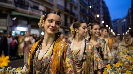 Obraz premium Fallas Winter Festival, Women in Traditional Valencian Costumes Marching During Fallas Winter Festival Parade in Valencia, Spain