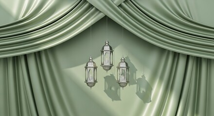 Soft sage green silk curtains with three silver hanging lanterns ramadan kareem islamic eid mubarak background download 2026 2027 1