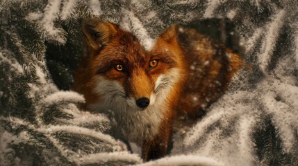 Fototapeta premium Red fox observes surroundings from behind snow-laden evergreen branches in a winter landscape, showcasing its vibrant fur and keen expression
