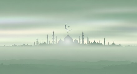 Soft sage green sky with mosque silhouette and crescent moon ramadan kareem islamic eid mubarak background download 2026 2027 1
