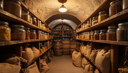 Underground bunker stocked with jars of food and sacks of grain. Supplies stored for survival in a safe place. Long term food storage solution for disaster preparedness
