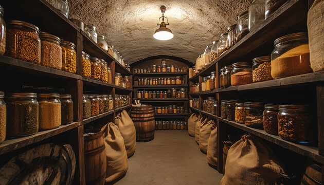 Underground bunker stocked with jars of food and sacks of grain. Supplies stored for survival in a safe place. Long term food storage solution for disaster preparedness