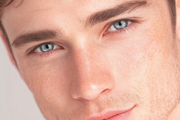 Fototapeta premium A close-up portrait of a young man with striking blue eyes and smooth skin, conveying confidence and approachability.
