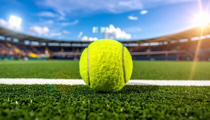 Vibrant tennis ball on a sunlit court with a stunning stadium background