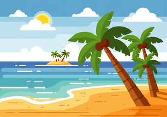 Obraz premium Vector flat design illustration of a serene beach scene with two palm trees, showcasing a sunny day with a small island in the background, against a bright blue sky with fluffy white clouds.