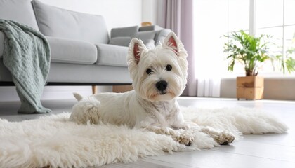 Adorable white terrier dog relaxing on plush rug in modern living room