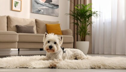 Adorable west highland white terrier resting on plush sheepskin rug in modern living room