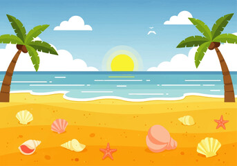 Obraz premium Vector flat design illustration of a serene beach scene with palm trees, seashells, and a sunset over the ocean with a bright blue sky.