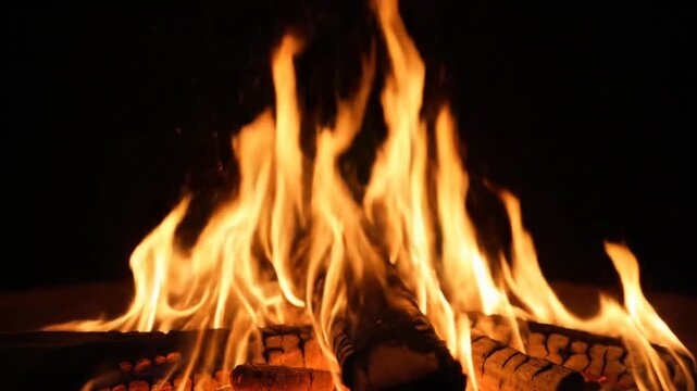 Close up of vibrant fire flames burning brightly with wooden logs